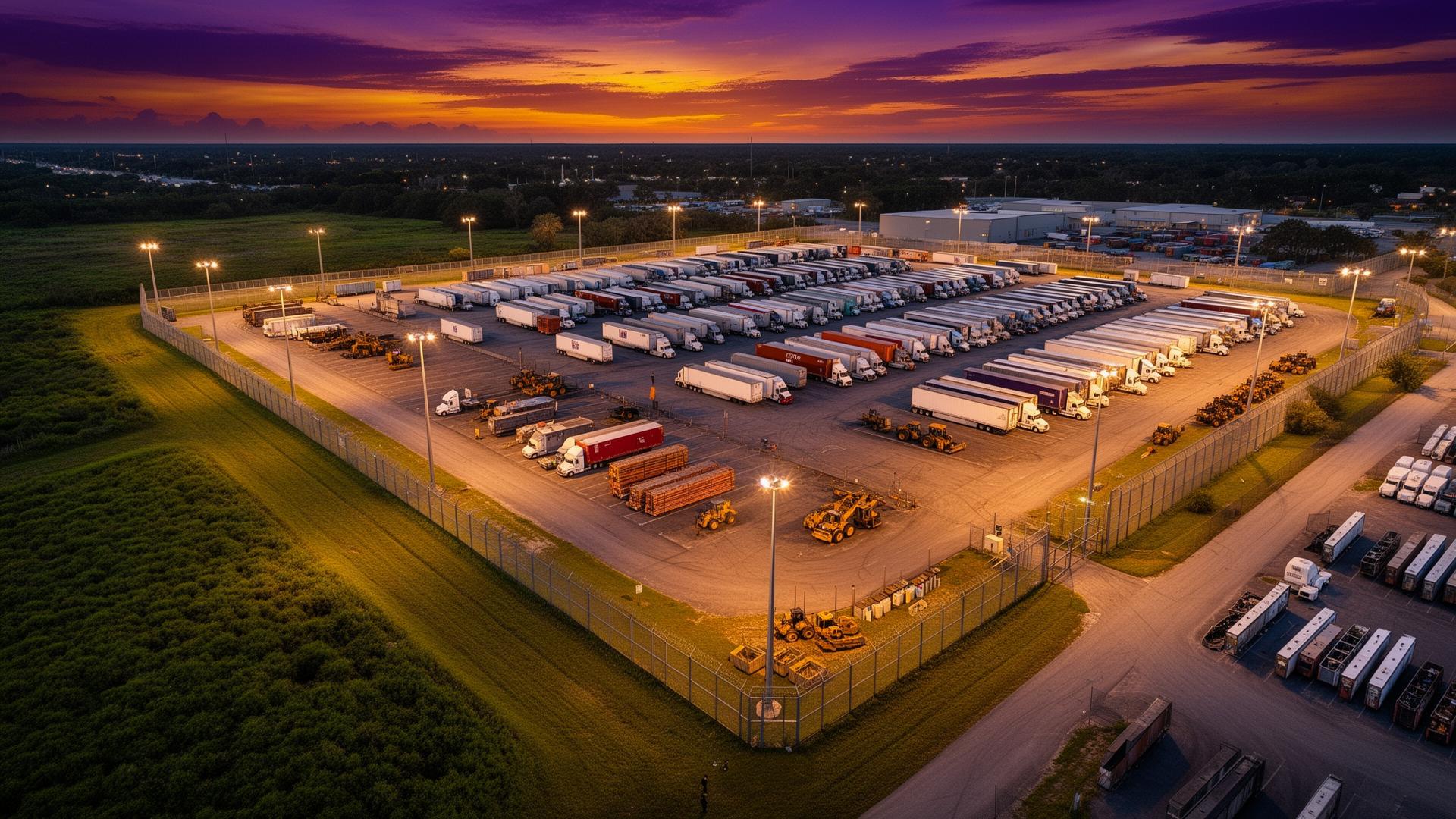 Aerial view of an industrial outdoor storage yard at sunset in Jacksonville, FL