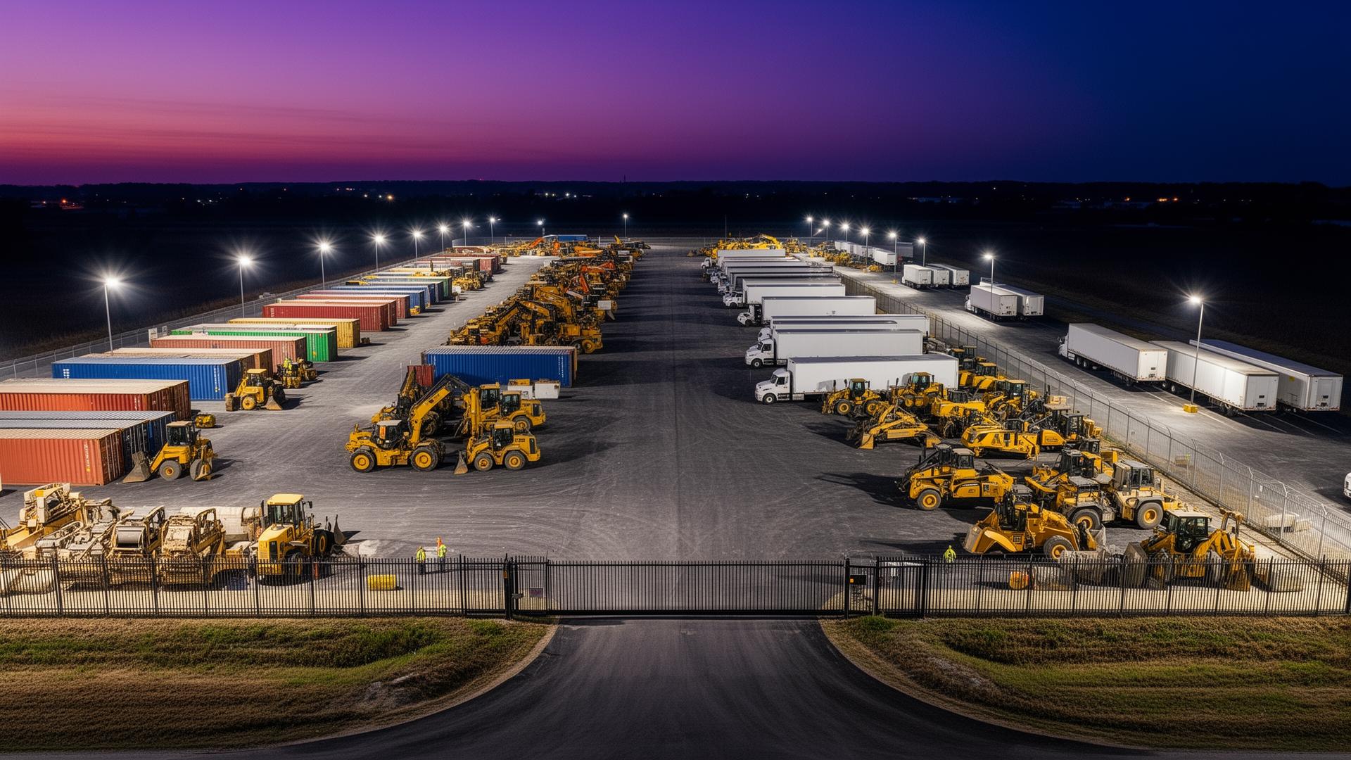 Aerial view of secure staging yard at dusk